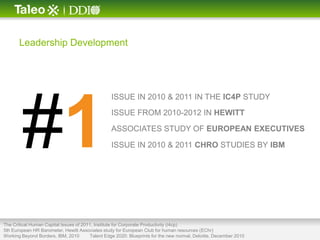 Leadership Development




                                                  ISSUE IN 2010 & 2011 IN THE IC4P STUDY




        #1                                        ISSUE FROM 2010-2012 IN HEWITT

                                                  ASSOCIATES STUDY OF EUROPEAN EXECUTIVES

                                                  ISSUE IN 2010 & 2011 CHRO STUDIES BY IBM




The Critical Human Capital Issues of 2011, Institute for Corporate Productivity (i4cp)
5th European HR Barometer, Hewitt Associates study for European Club for human resources (EChr)
Working Beyond Borders, IBM, 2010        Talent Edge 2020: Blueprints for the new normal, Deloitte, December 2010
 