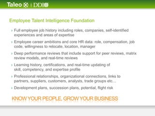 Employee Talent Intelligence Foundation

› Full employee job history including roles, companies, self-identified
  experiences and areas of expertise
› Employee career ambitions and core HR data: role, compensation, job
  code, willingness to relocate, location, manager
› Deep performance reviews that include support for peer reviews, matrix
  review models, and real-time reviews
› Learning history, certifications, and real-time updating of
  skill, competency, and expertise profile
› Professional relationships, organizational connections, links to
  partners, suppliers, customers, analysts, trade groups etc…
› Development plans, succession plans, potential, flight risk

 KNOW YOUR PEOPLE, GROW YOUR BUSINESS
 