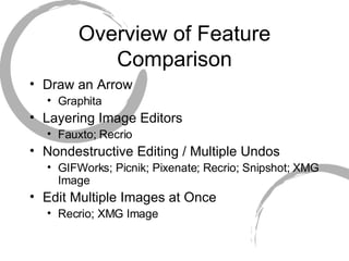 Overview of Feature Comparison Draw an Arrow Graphita Layering Image Editors Fauxto; Recrio Nondestructive Editing / Multiple Undos GIFWorks; Picnik; Pixenate; Recrio; Snipshot; XMG Image  Edit Multiple Images at Once Recrio; XMG Image 