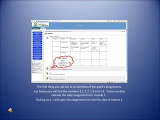 The first thing you will see is an overview of the week’s  The first thing you will see is an overview of the week’s assignments. Just below you will find the numbers 1.1, 1.2, 1.3 and 1.4.  These numbers indicate the daily assignments for module 1.  Clicking on 1.1 will open the assignments for the first day of module 1. Click here to open assignments for day 1 