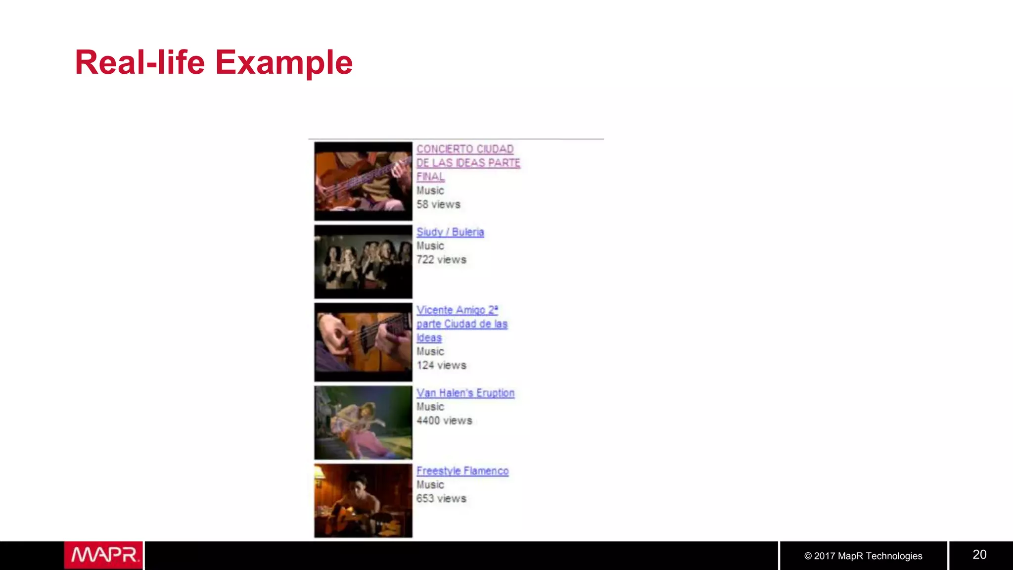 © 2017 MapR Technologies 20
Real-life Example
 