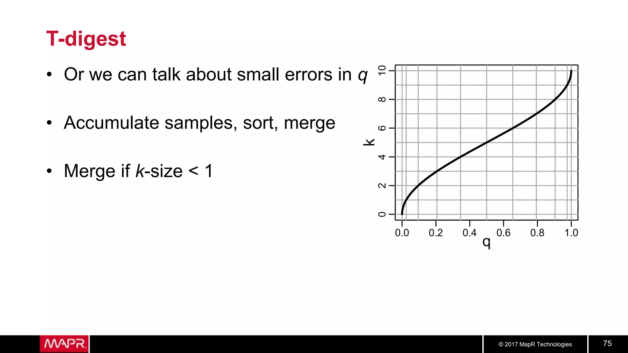 © 2017 MapR Technologies 75
T-digest
• Or we can talk about small errors in q
• Accumulate samples, sort, merge
• Merge if k-size < 1
0.0 0.2 0.4 0.6 0.8 1.0
q
0246810
k
 