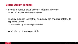 © 2017 MapR Technologies 33
Event Stream (timing)
• Events of various types arrive at irregular intervals
– we can assume Poisson distribution
• The key question is whether frequency has changed relative to
expected values
– This shows up as a change in interval
• Want alert as soon as possible
 