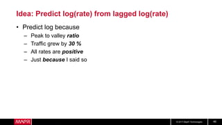 © 2017 MapR Technologies 46
Idea: Predict log(rate) from lagged log(rate)
• Predict log because
– Peak to valley ratio
– Traffic grew by 30 %
– All rates are positive
– Just because I said so
 