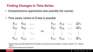 © 2017 MapR Technologies 59
Finding Changes in Time Series
• Comprehensive approaches also possible (for counts)
• Time aware variant of G-test is possible
vs
Ted Dunning. Accurate methods for the statistics of surprise and coincidence. Comput. Linguist. 19, 1 (March
1993)
http://bit.ly/surprise-and-coincidence
 