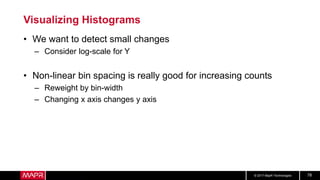 © 2017 MapR Technologies 78
Visualizing Histograms
• We want to detect small changes
– Consider log-scale for Y
• Non-linear bin spacing is really good for increasing counts
– Reweight by bin-width
– Changing x axis changes y axis
 