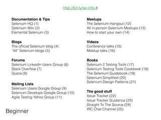 http://bit.ly/se-info-# 
Meetups! 
! 
! 
All ! 
in-person Selenium Meetups (13) 
How to start your own (14) 
Videos! 
! 
! 
! 
! 
! 
! 
Selenium Design Patterns (21) 
Selenium Testing Tools Cookbook (18) 
The Selenium Guidebook (19) 
Issue Tracker Guidance (23) 
Straight To The Source (24) 
IRC Chat Channel (25) 
! 
! 
Selenium Wiki (2) 
! 
Elemental Selenium (3) 
Documentation & Tips 
Selenium HQ (1) 
! 
The official Selenium blog (4) 
“All” Selenium blogs (5) 
Forums! 
! 
! 
! 
! 
Selenium Developer Google Group (10) 
! 
Agile Testing Yahoo Group (11) 
Books! 
Mailing Lists 
The good stuff! 
! 
! 
! 
! 
Selenium LinkedIn Users Group (6) 
Stack Overflow (7) 
Quora (8) 
Selenium Users Google Group (9) 
The Selenium Hangout (12) 
! 
Conference talks (15) 
Meetup talks (16) 
Selenium 2 Testing Tools (17) 
Selenium Simplified (20) 
! 
Issue Tracker (22) 
Blogs! 
! 
Beginner 
 