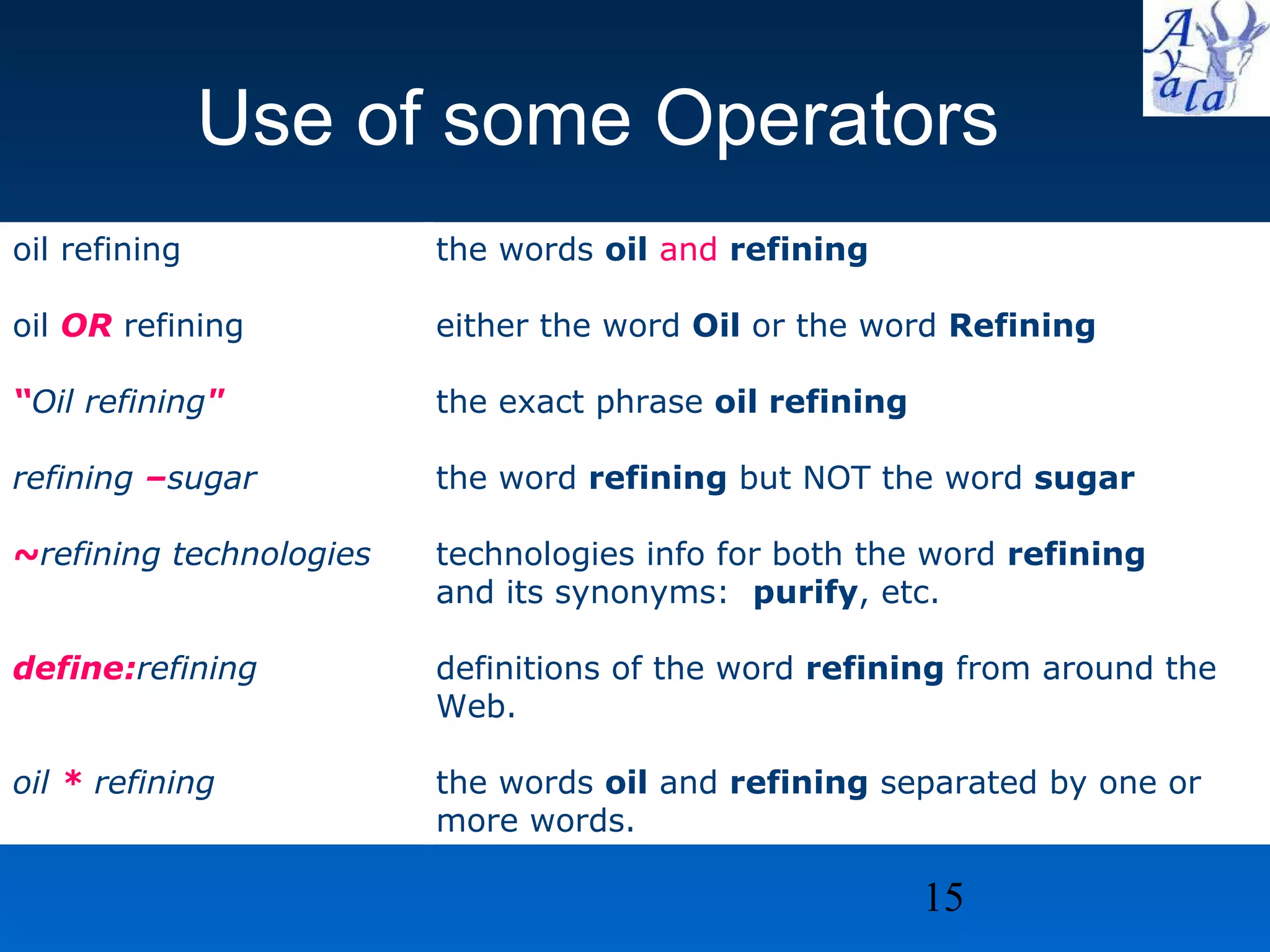 Use of some Operators oil refining  oil  OR   refining   “ Oil refining &quot;   refining  – sugar   ~ refining technologies   define: refining   oil  *  refining   the words  oil   and   refining   either the word  Oil  or the word  Refining the exact phrase  oil refining the word  refining  but NOT the word  sugar technologies info for both the word  refining  and its synonyms:  purify , etc. definitions of the word  refining  from around the Web. the words  oil  and  refining  separated by one or more words. 