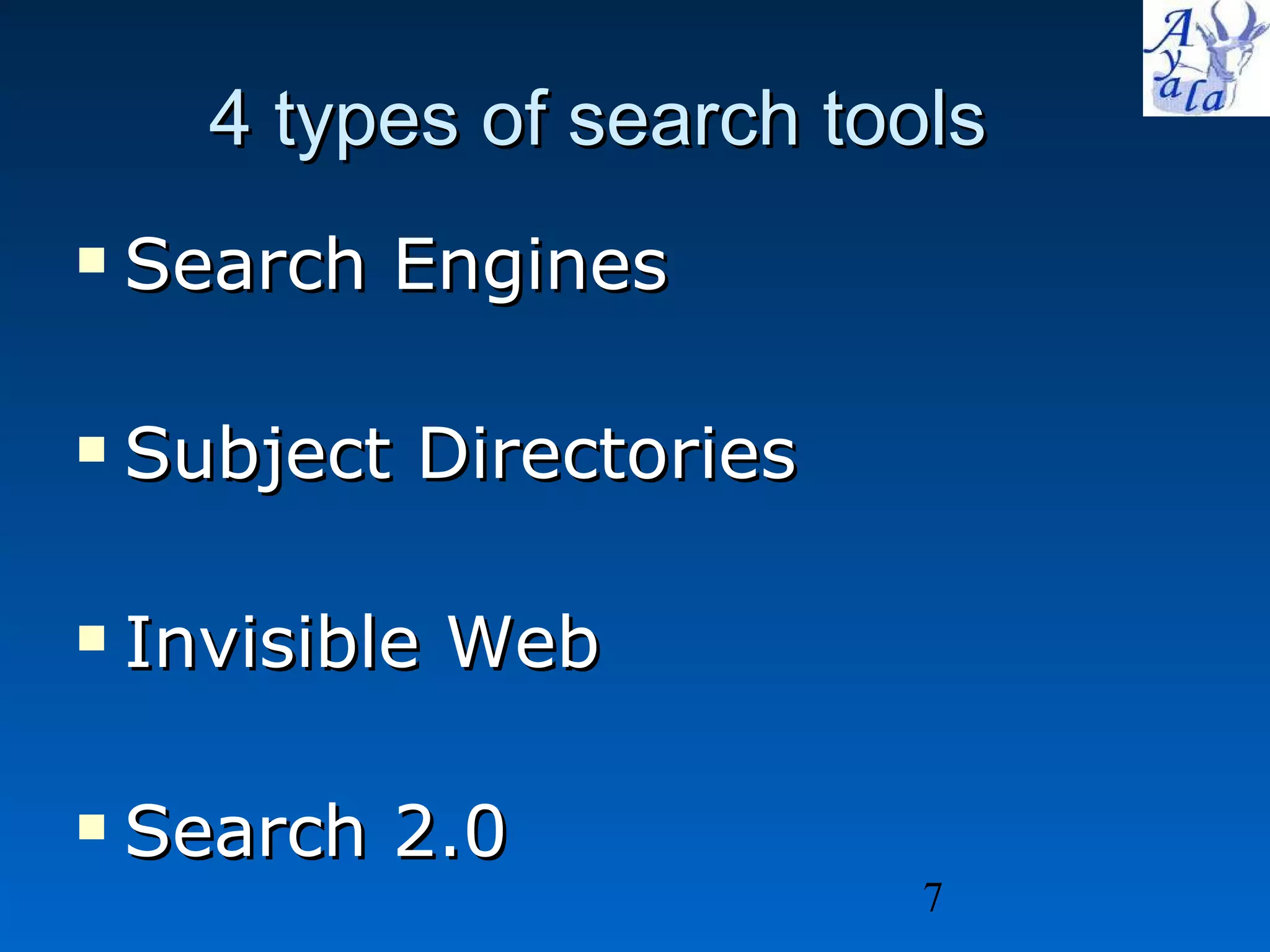 4 types of search tools Search Engines Subject Directories Invisible Web Search 2.0 