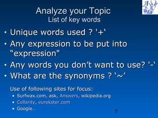 Analyze your Topic  List of key words Unique words used ? '+‘ Any expression to be put into “expression&quot; Any words you don’t want to use? '-‘ What are the synonyms ? ‘~’ Use of following sites for focus: Surfwax.com, ask,  Answers , wikipedia.org Collarity ,  eurekster.com   Google… 