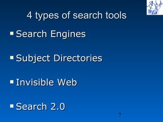 4 types of search tools Search Engines Subject Directories Invisible Web Search 2.0 