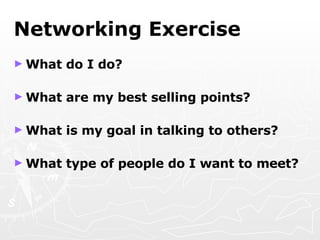 Networking Exercise What do I do? What are my best selling points?   What is my goal in talking to others?   What type of people do I want to meet?   