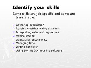 Identify your skills Some skills are job-specific and some are transferable: Gathering information  Reading electrical wiring diagrams Interpreting rules and regulations  Medical coding Delegating responsibility  Managing time Writing concisely  Using Skyline 3D modeling software 