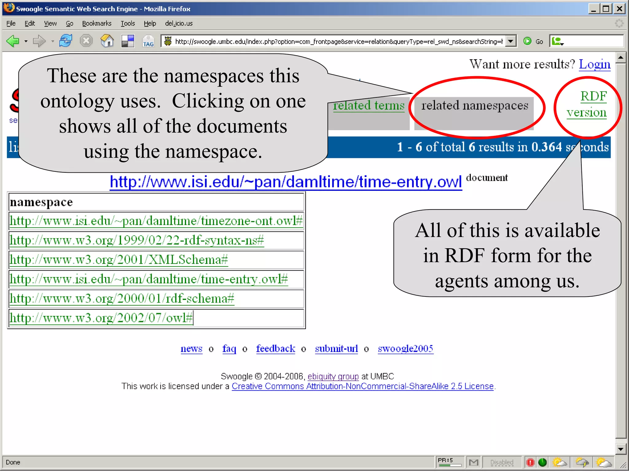 These are the namespaces this ontology uses.  Clicking on one shows all of the documents using the namespace. All of this is available in RDF form for the agents among us. 