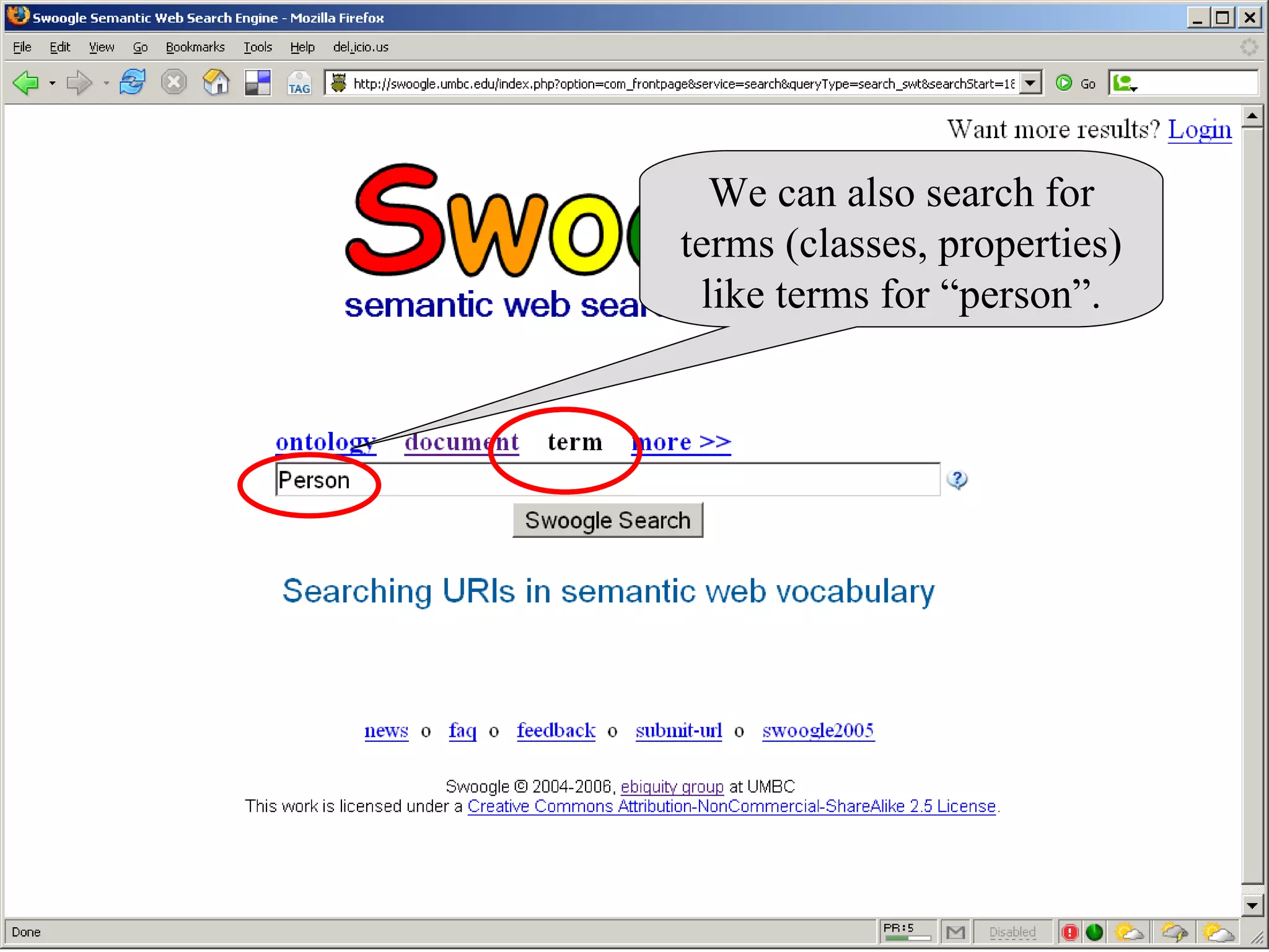 We can also search for terms (classes, properties) like terms for “person”. 