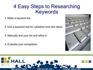 4 Easy Steps to Researching Keywords 1. Make a keyword list. 2. Use a keyword tool for validation and new ideas. 3. Manually test your list and refine it. 4. Evaluate your competition. alcomm 