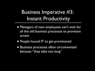Business Imperative #3:  Instant Productivity Managers of new employees can’t wait for all the old business processes to provision access People hound IT to get provisioned Business processes often circumvented because “they take too long” 