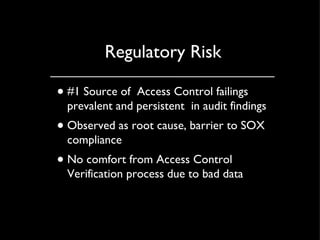 Regulatory Risk #1 Source of  Access Control failings prevalent and persistent  in audit findings Observed as root cause, barrier to SOX compliance No comfort from Access Control Verification process due to bad data 