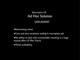 Alternative #3:  Ad Hoc Solution CASE AGAINST Reinventing wheel Cost and time escalation ending in incomplete job No ability to deal with unmatchable resulting in a huge manual effort (5 Man Years) Weak auditability. 