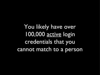 You likely have over 100,000  active  login credentials that you cannot match to a person 