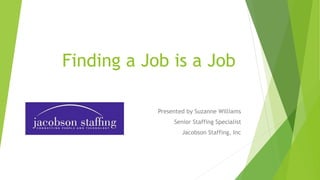 Finding a Job is a Job
Presented by Suzanne Williams
Senior Staffing Specialist
Jacobson Staffing, Inc
 