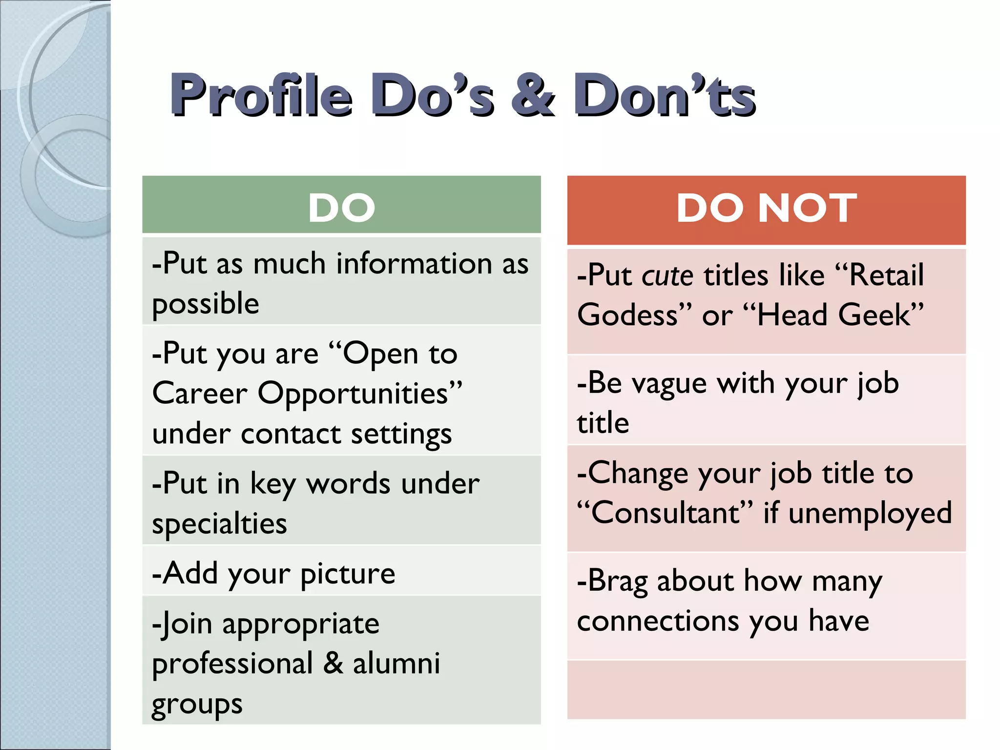 Profile Do’s & Don’ts DO -Put as much information as possible -Put you are “Open to Career Opportunities” under contact settings -Put in key words under specialties -Add your picture -Join appropriate professional & alumni groups DO NOT -Put  cute  titles like “Retail Godess” or “Head Geek” -Be vague with your job title -Change your job title to “Consultant” if unemployed -Brag about how many connections you have 