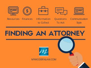 FINDING AN ATTORNEY
Finances Information
to Collect
Communication
Style
Resources
MYMODERNLAW.COM
Questions
To Ask
 