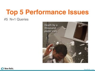 Top 5 Performance Issues
#5 N+1 Queries
                 Death by a
                 thousand
                 paper cuts




                              NewRelic.com
 