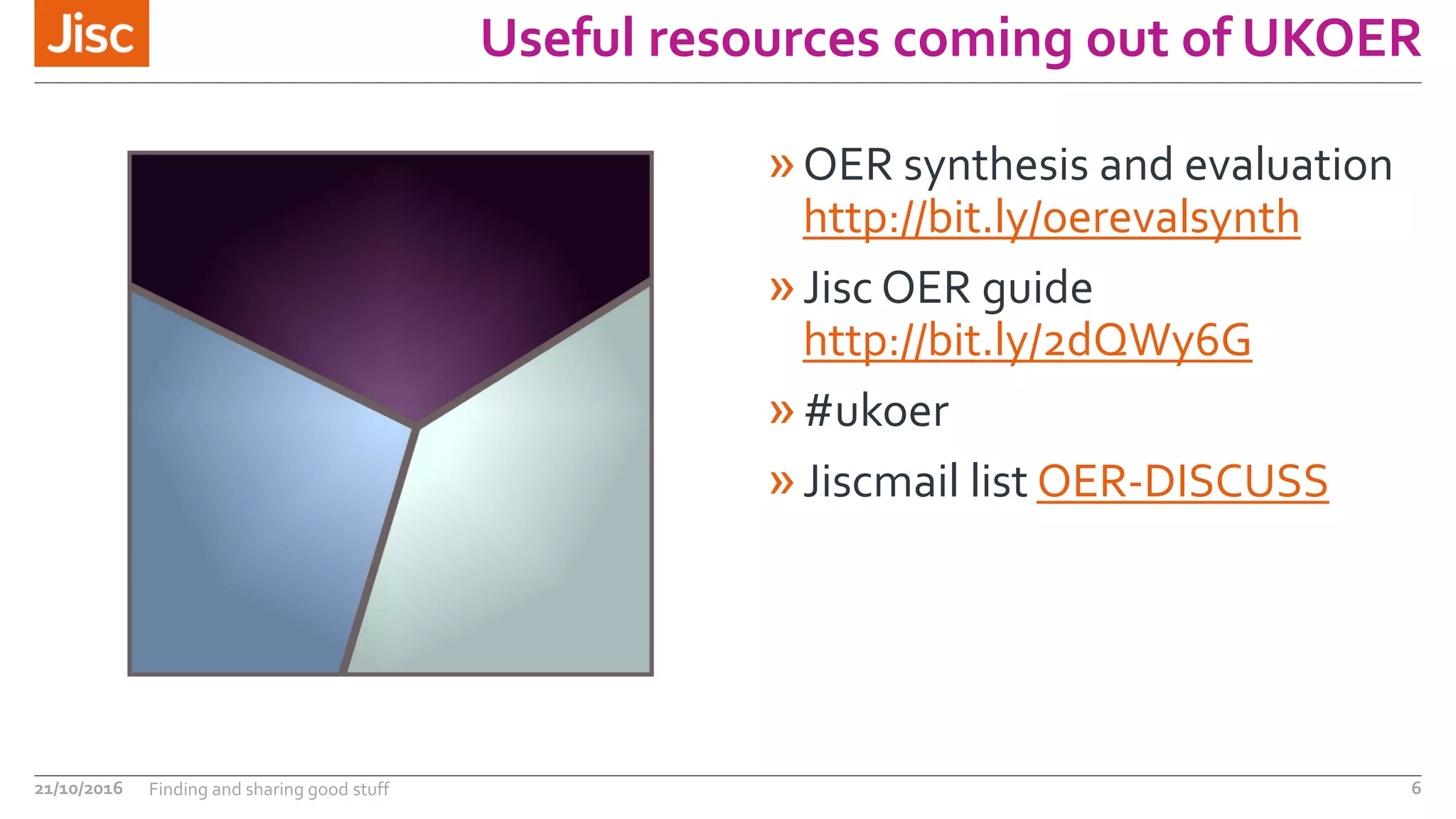 Useful resources coming out of UKOER
»OER synthesis and evaluation
http://bit.ly/oerevalsynth
»Jisc OER guide
http://bit.ly/2dQWy6G
»#ukoer
»Jiscmail list OER-DISCUSS
21/10/2016 Finding and sharing good stuff 6
 