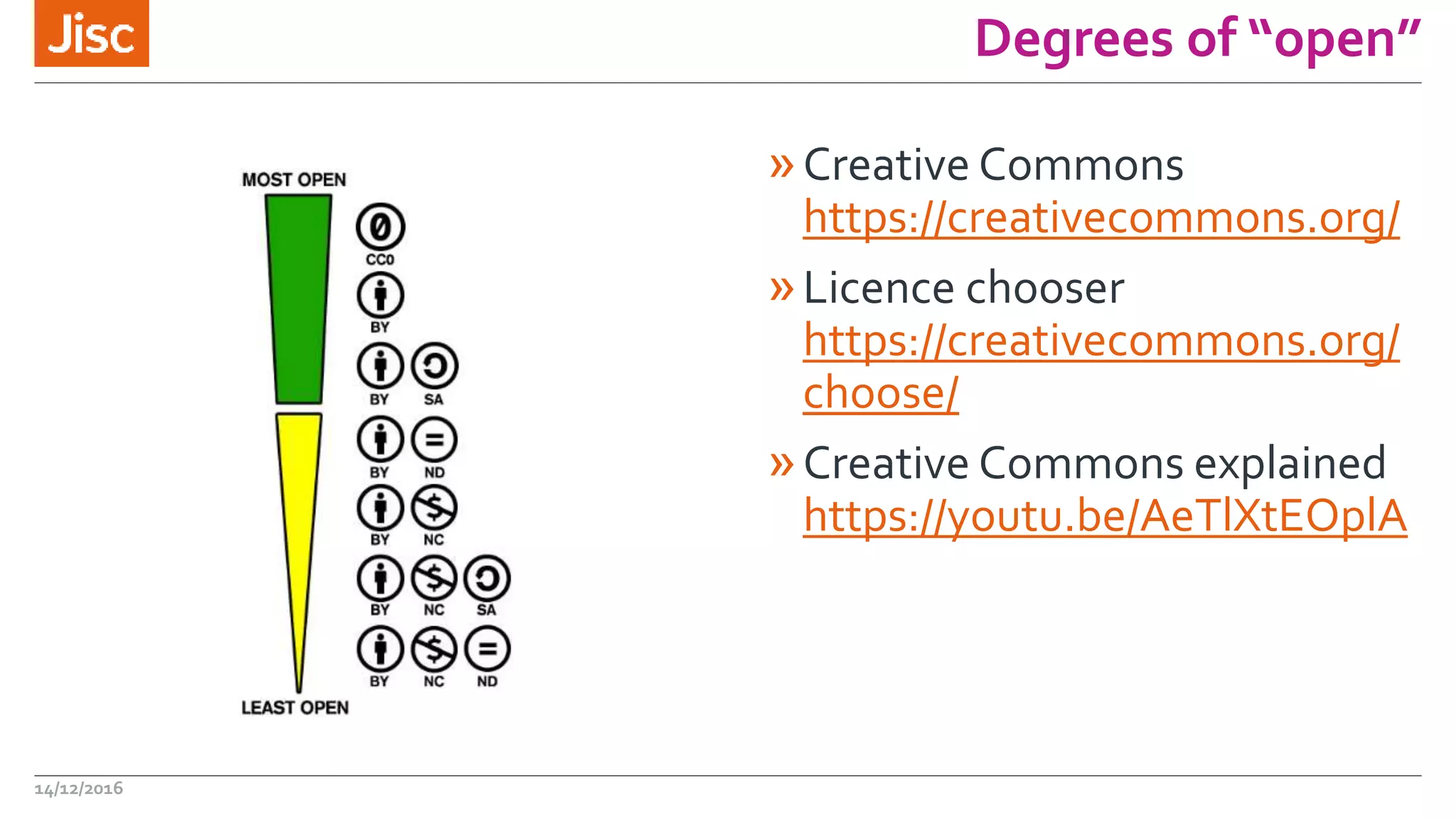 Degrees of “open”
»Creative Commons
https://creativecommons.org/
»Licence chooser
https://creativecommons.org/
choose/
»Creative Commons explained
https://youtu.be/AeTlXtEOplA
14/12/2016
 