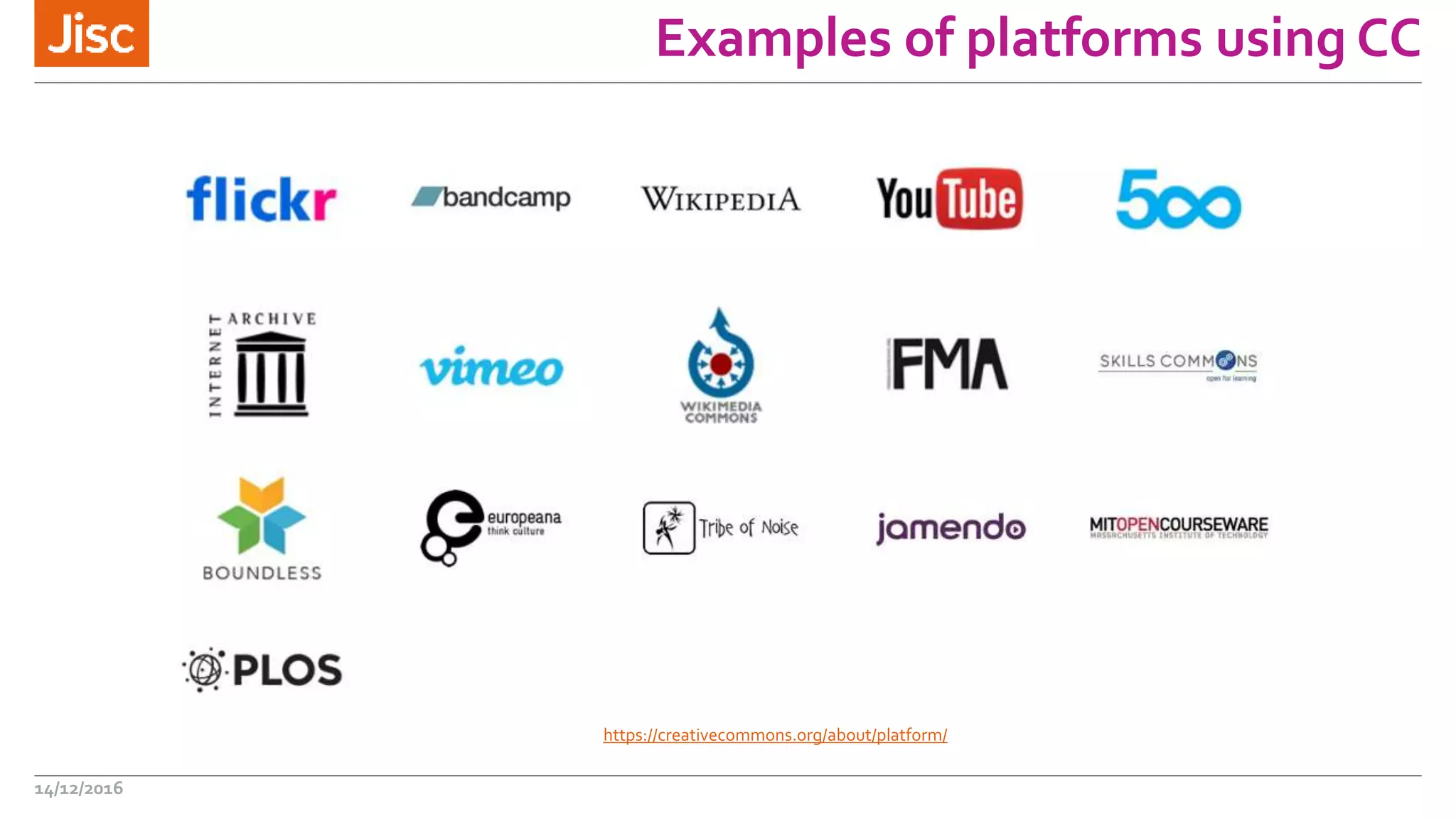 Examples of platforms using CC
https://creativecommons.org/about/platform/
14/12/2016
 