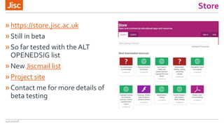 Store
»https://store.jisc.ac.uk
»Still in beta
»So far tested with the ALT
OPENEDSIG list
»New Jiscmail list
»Project site
»Contact me for more details of
beta testing
14/12/2016
 