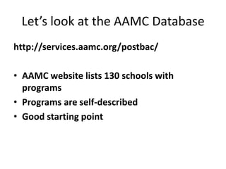 Let’s look at the AAMC Database
http://services.aamc.org/postbac/
• AAMC website lists 130 schools with
programs
• Programs are self-described
• Good starting point
 