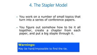 4. The Stapler Model
 You work on a number of small topics that
turn into a series of conference papers.
 You figure out somehow how to tie it all
together, create a chapter from each
paper, and put a big staple through it.
Warnings:
May be hard/impossible to find the tie.
 