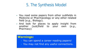 5. The Synthesis Model
 You read some papers from other subfields in
Medicine or Pharmacology or any other related
field (e.g., Biology).
 And look for places to apply insight from
another (sub)field to your own (e.g.,
Pharmacy)
Warnings:
 You can spend a career reading papers!
 You may not find any useful connections.
 