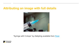 Attributing an image with full details
“Syringe with 5 drops” by Zaldylmg available from Flickr
 