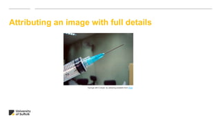 Attributing an image with full details
“Syringe with 5 drops” by Zaldylmg available from Flickr
 