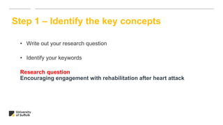• Write out your research question
• Identify your keywords
Research question
Encouraging engagement with rehabilitation after heart attack
Step 1 – Identify the key concepts
 