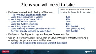 Steps you will need to take
29
Enable Advanced Audit Policy in Windows
– The “Windows Logging Cheat Sheet”
– Audit Process Creation = Success 4688
– Audit Logon = Success & Failure 4624
– Audit File Share = Success 5140
– Audit File System = Success 4663
– Audit Registry = Success 4663 & 4657
– Audit Filtering Platform Connection = Success 5156 (Any/Any min)
– Services already captured by System Log 7045 & 7040
Enable and Configure to capture Process Command Line
Use the Splunk Universal Forwarder or Splunk Window Infrastructure App
or syslog… to get data to central location
– Modify the inputs.conf to blacklist or whitelist as needed
Check out the Session: Best practice
on using the forwarder for security
 