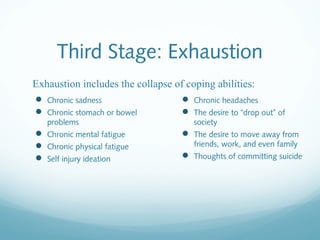 Third Stage: Exhaustion
Exhaustion includes the collapse of coping abilities:
 Chronic sadness                   Chronic headaches
 Chronic stomach or bowel          The desire to “drop out” of
   problems                           society
 Chronic mental fatigue            The desire to move away from
 Chronic physical fatigue            friends, work, and even family
 Self injury ideation              Thoughts of committing suicide
 