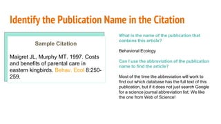 Identify the Publication Name in the Citation
Sample Citation
Maigret JL, Murphy MT. 1997. Costs
and benefits of parental care in
eastern kingbirds. Behav. Ecol 8:250-
259.
What is the name of the publication that
contains this article?
Behavioral Ecology
Can I use the abbreviation of the publication
name to find the article?
Most of the time the abbreviation will work to
find out which database has the full text of this
publication, but if it does not just search Google
for a science journal abbreviation list. We like
the one from Web of Science!
 
