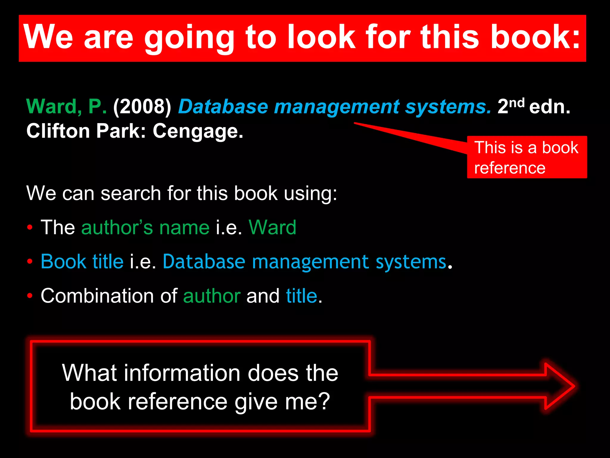 Ward, P. (2008) Database management systems. 2nd edn.
Clifton Park: Cengage.
We can search for this book using:
• The author’s name i.e. Ward
• Book title i.e. Database management systems.
• Combination of author and title.
We are going to look for this book:
What information does the
book reference give me?
This is a book
reference
 