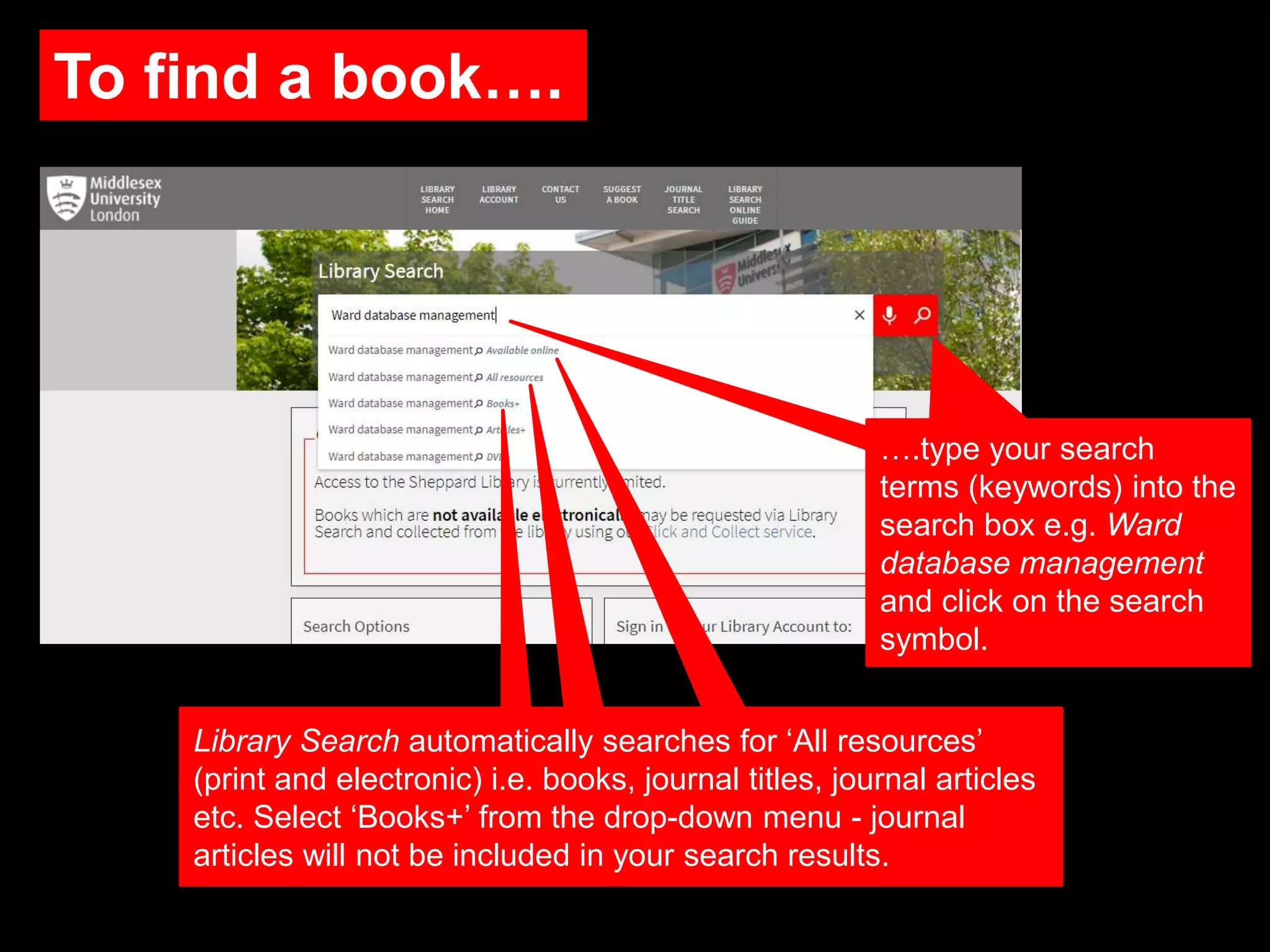 To find a book….
….type your search
terms (keywords) into the
search box e.g. Ward
database management
and click on the search
symbol.
Library Search automatically searches for ‘All resources’
(print and electronic) i.e. books, journal titles, journal articles
etc. Select ‘Books+’ from the drop-down menu - journal
articles will not be included in your search results.
 