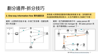 範例：在汽⾞租賃的例⼦中，sales person 將
contract 交給 risk manager 後，對 sales person 來
說，就不需再關⼼ contract 了。
劃分邊界-拆分技巧
2. One-way information flow 單向資訊流
參與者 A 將領域活動物件傳給參與者 B 後，沒有額外資
訊(直接或間接)再回到 A，A 也不會管 B 之後做了什麼。
10
範例：A 將物件交給 B 後，B 做了許多事，但都沒再
與 A 有互動。
圖片來源:https://leanpub.com/domainstorytelling
 