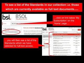 To see a list of the Standards in our collection i.e. those
which are currently available as full text documents....
....click on link below ‘My
Subscription’ on the
‘Home’ page....
....you will then see a list of the
Standards which we have
selected for full-text access.
 