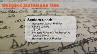 Subject Database Use 
Seniors used: 
• Academic Search Premier 
• Library catalog 
• JSTOR 
• Montana Rules of Civil Procedure 
• Science Direct 
• Business Search Premier 
“Information Literacy Learning Outcomes and Student Success.” © (Flickr, CC BY-SA 
2.0) 
 