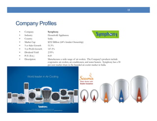 Company Profiles
• Company Symphony
• Industry Household Appliances
• Country India
• Market Cap $232 Million (64% Insider Ownership)
• 5-yr Sales Growth 51.5%
• 5-yr Profit Growth 147.3%
• Dividend Yield 2.95%
• P/E (Est.) 8.43
• Description Manufactures a wide range of air coolers. The Company's products include
evaporative air coolers, air conditioners, and water heaters. Symphony has a 50
per cent market share in the branded air cooler market in India.
13
 