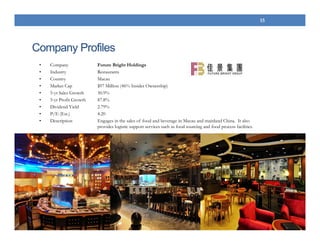 Company Profiles
• Company Future Bright Holdings
• Industry Restaurants
• Country Macau
• Market Cap $97 Million (46% Insider Ownership)
• 5-yr Sales Growth 30.9%
• 5-yr Profit Growth 87.8%
• Dividend Yield 2.79%
• P/E (Est.) 4.20
• Description Engages in the sales of food and beverage in Macau and mainland China. It also
provides logistic support services such as food sourcing and food process facilities.
15
 