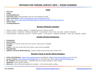 METHODS FOR FINDING CONTACT INFO – PHONE NUMBERS
Trish Wyderka linkedin.com/in/trish-wyderka-cpc-cir trishhasfun@gmail.com
Tools
• 411.com
• Cubib
• FastPeopleSearch
• Find That Lead: lead generation tool for b2b companies (paid)
• Intel Techniques: https://inteltechniques.com/osint/person.html
• Pipl: https://www.sourcecon.com/finding-data-on-different-people-with-pipl-search-pro
• That’s Them
• TruePeopleSearch
Boolean Methods (Google)
• (email | mailto | contact | phone) * companyname.com “person’s name”
• (intitle:resume | intitle:CV) “software developer” “Los Ranchos” (310 | 410) -job -jobs -sample -templates
• (intitle:resume | intitle:CV) (“call at” | “phone number” | “cell phone”) “software developer” -jobs -job -template -sample
Google Chrome Extensions
• ContactOut
• EverContact
• Hiretual: 10 free per week with free version; paid version available
• LeadIQ
• Lusha: 5 free per month with free version; paid version available
• PeopleFinder
• ZAPinfo (formerly WebClipDrop): collects profiles and enriches with contact info
Bonus!!! Tools to Verify Phone Numbers
• Caller ID databases: https://www.opencnam.com (worldwide); https://www.phonevalidator.com (US only)
• Carrier lookup: https://www.carrierlookup.com (1 free search per day); https://freecarrierlookup.com
• Mr. Number: phone application – identifies who the number belongs to after calling
• Spydialer: verify phone numbers
• Sync.me: online and phone application available – enter phone before calling
 