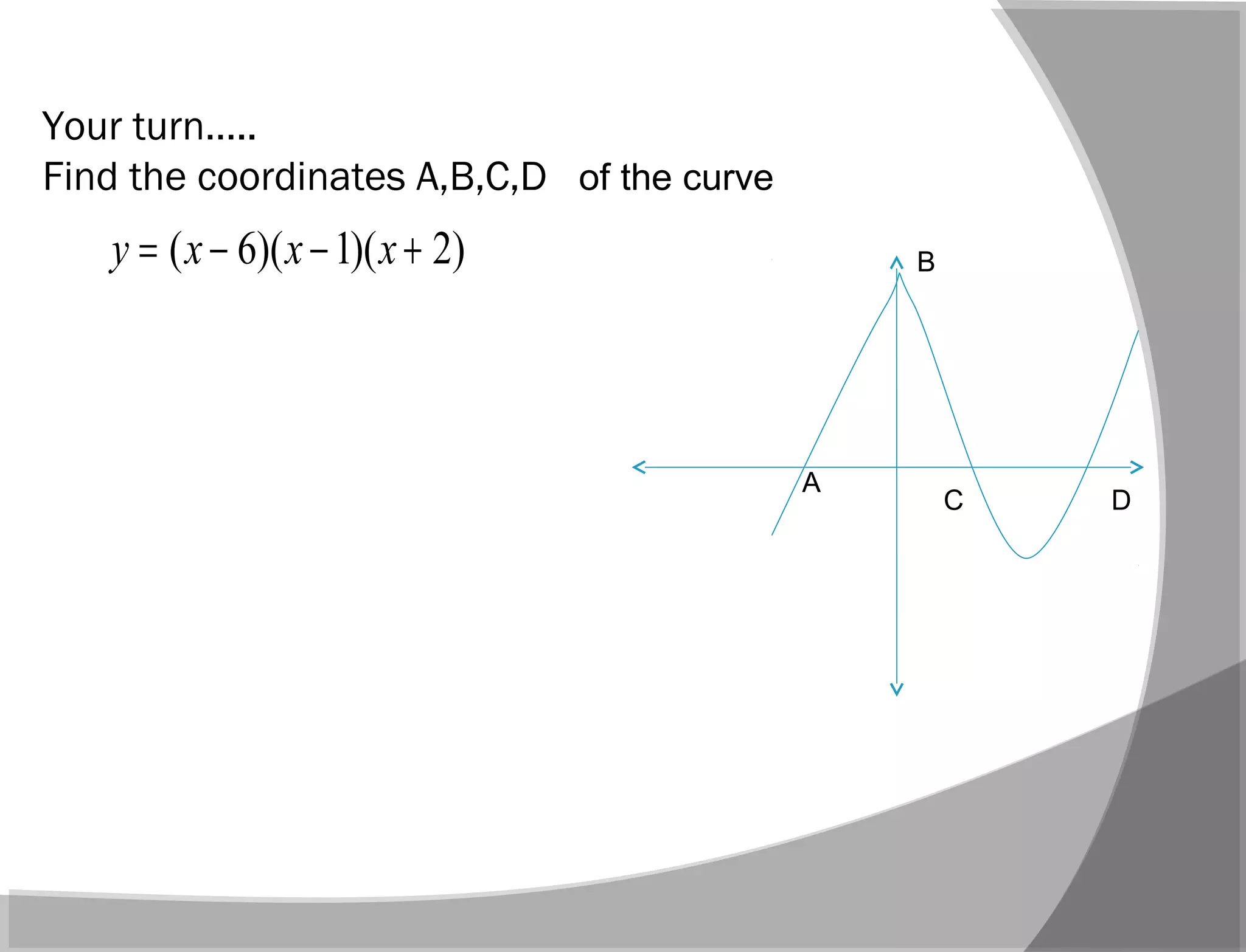 Your turn…..
Find the coordinates A,B,C,D of the curve
)2)(1)(6( +−−= xxxy
A
B
C D